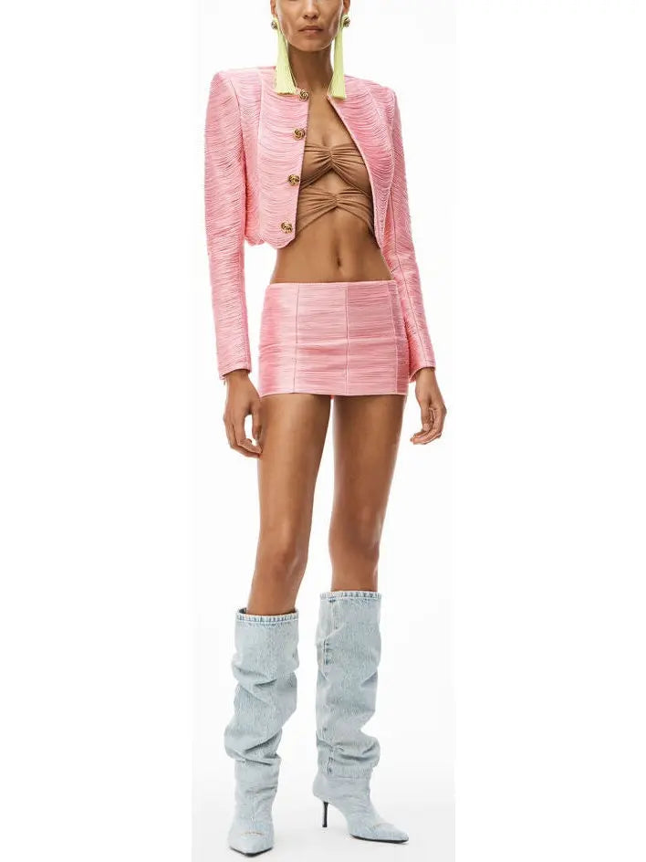 Fringe Crop Jacket in Power Mesh, Pink - Branna Couture