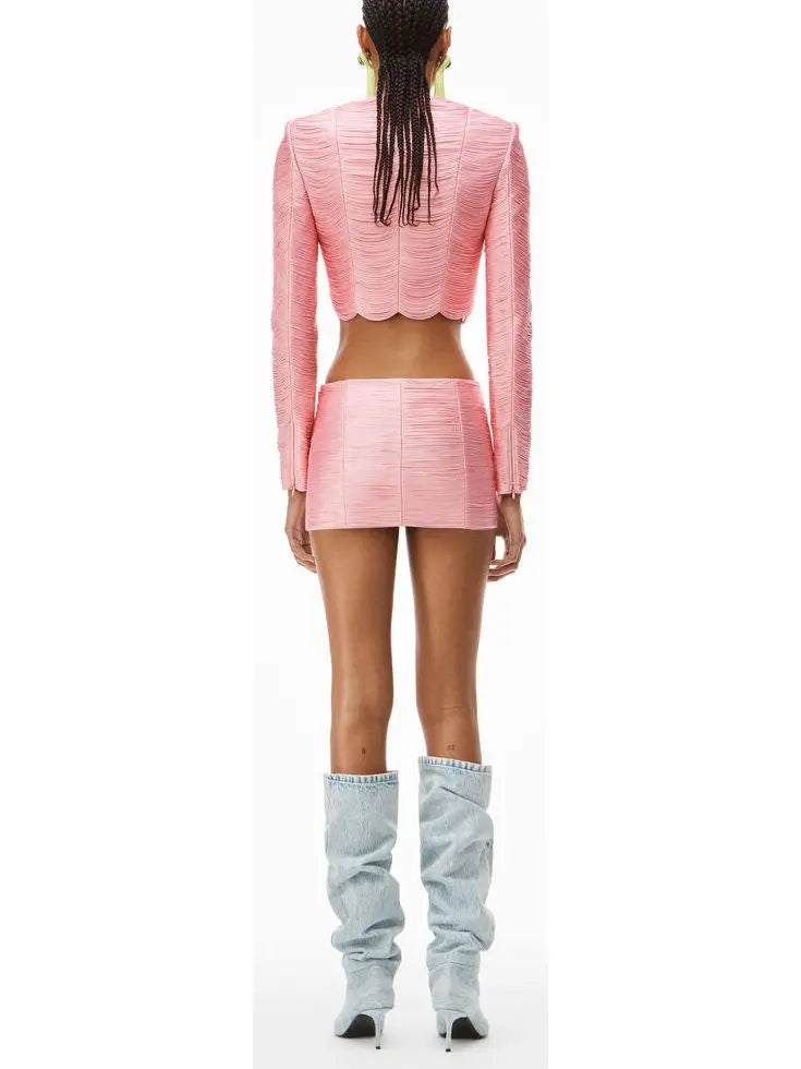 Fringe Crop Jacket in Power Mesh, Pink - Branna Couture