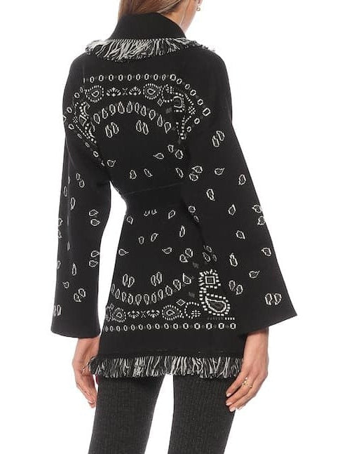 Fringed Bandana Cashmere Cardigan, Black - Branna Couture