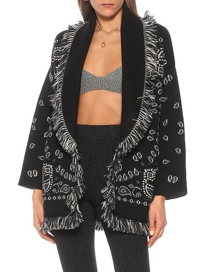 Fringed Bandana Cashmere Cardigan, Black - Branna Couture