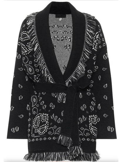 Fringed Bandana Cashmere Cardigan, Black - Branna Couture