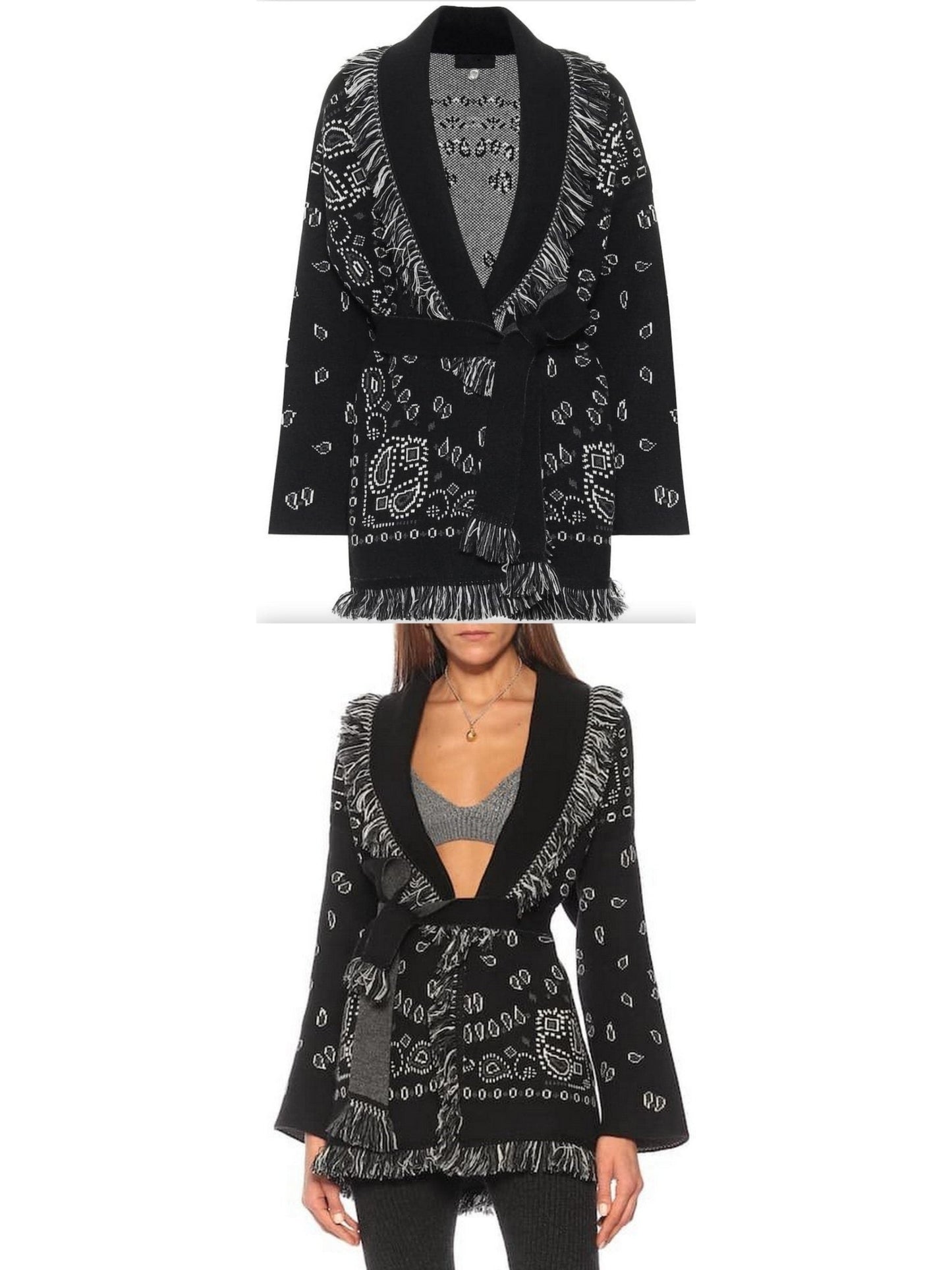 Fringed Bandana Cashmere Cardigan, Black - Branna Couture