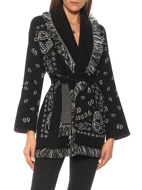 Fringed Bandana Cashmere Cardigan, Black - Branna Couture