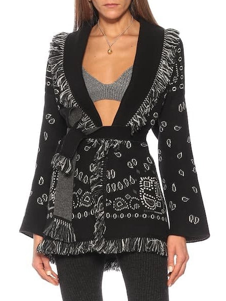 Fringed Bandana Cashmere Cardigan, Black - Branna Couture