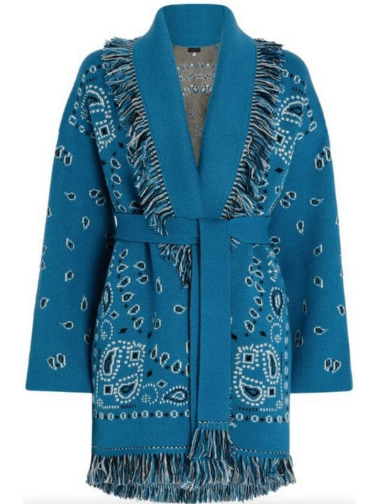 Fringed Bandana Print Cardigan, Blue - Branna Couture