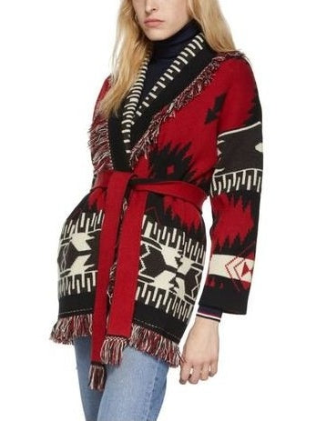 Fringed Belted Oversized Print Cardigan - Branna Couture