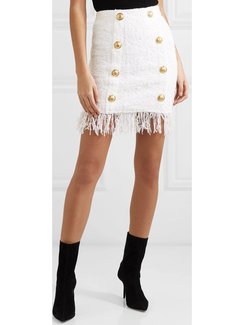 Fringed Button-Embellished Bouclé Mini Skirt in White - Branna Couture