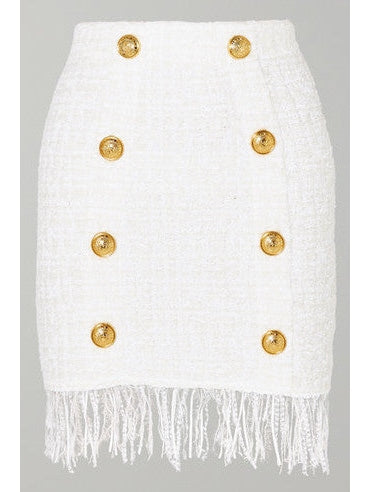 Fringed Button-Embellished Bouclé Mini Skirt in White - Branna Couture