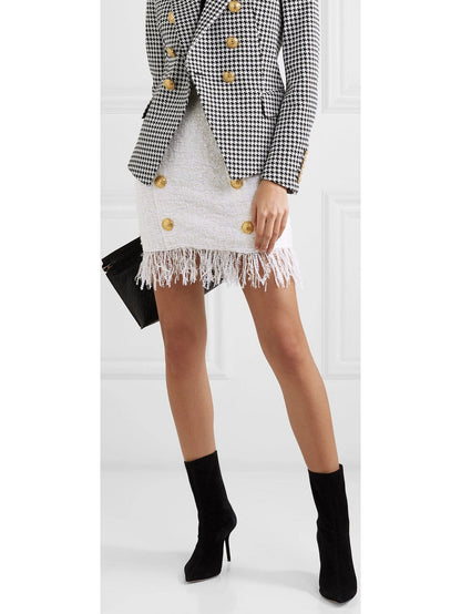 Fringed Button-Embellished Bouclé Mini Skirt in White - Branna Couture