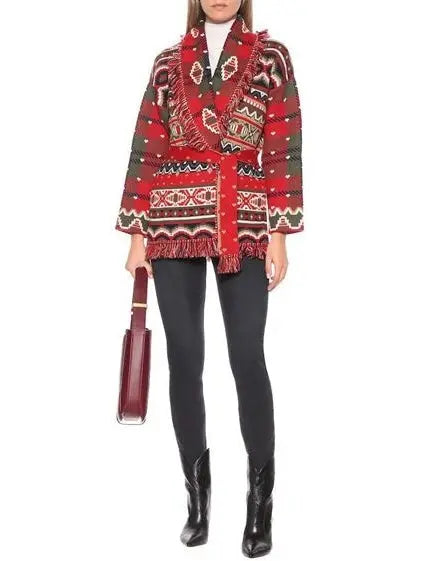 Fringed Knit Belted Tartan Cardigan - Branna Couture