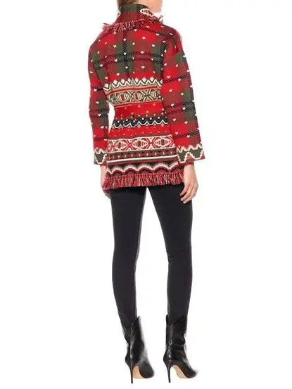 Fringed Knit Belted Tartan Cardigan - Branna Couture