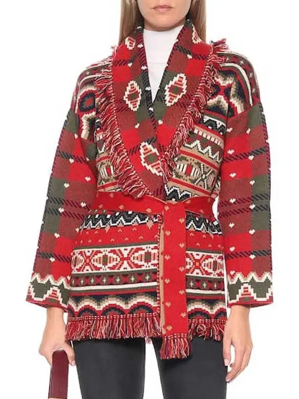 Fringed Knit Belted Tartan Cardigan - Branna Couture