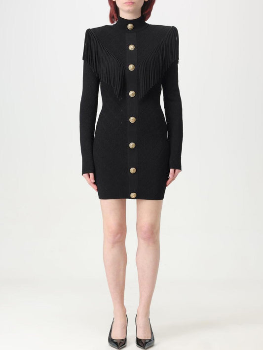Fringed-Trim Knitted Mini Dress, Black