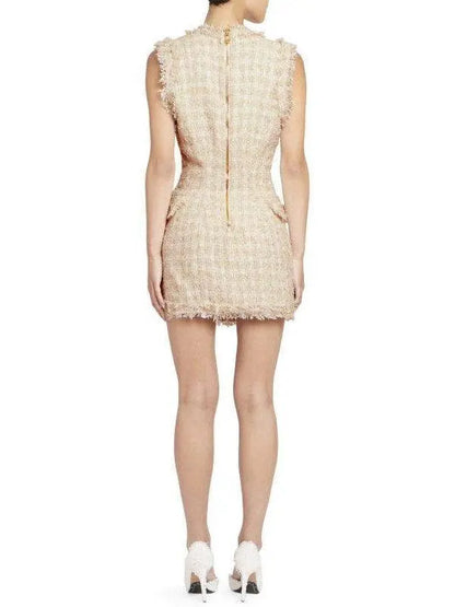 Fringed Tweed Double-Breasted Mini Dress - Branna Couture