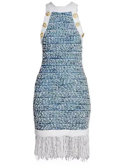 Fringed Tweed Halter-Dress - Branna Couture