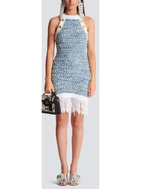 Fringed Tweed Halter-Dress - Branna Couture