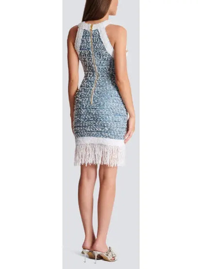 Fringed Tweed Halter-Dress - Branna Couture