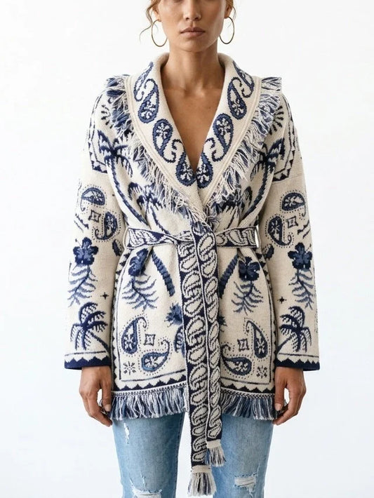 Fringed Belted Paisley and Mixed Print Cardigan - Small - Sweaters & Knitwear