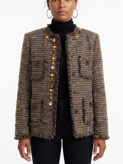 Fringed Brown Boxy Tweed Jacket with Appliques - S - Jackets