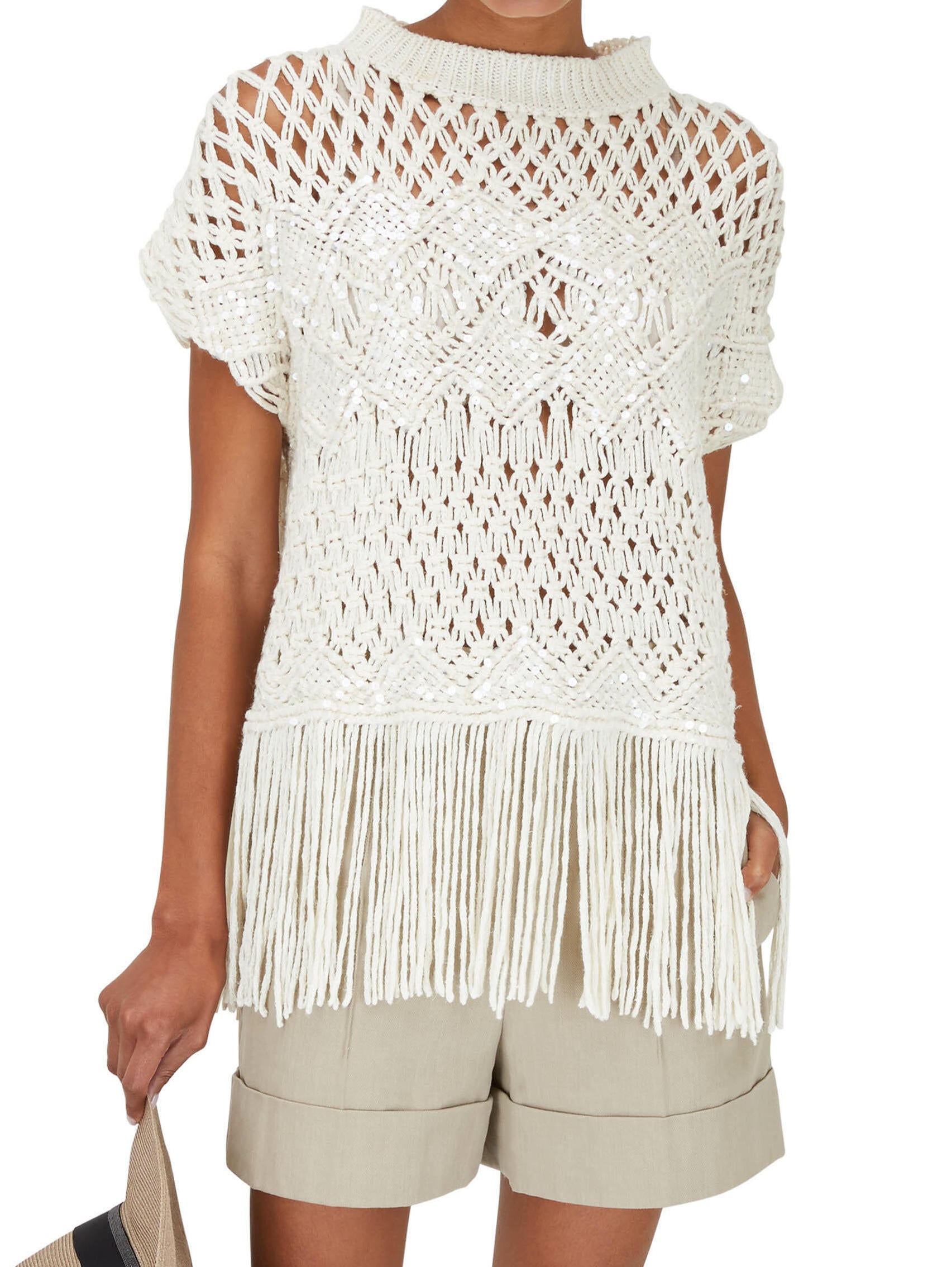Fringed Knit Short-Sleeve Sweater - One size - Sweaters & Knitwear