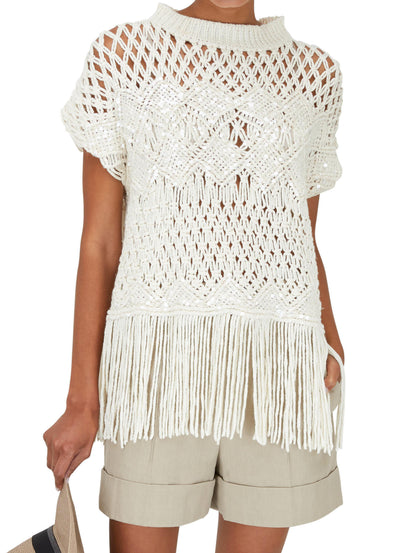 Fringed Knit Short-Sleeve Sweater - One size - Sweaters & Knitwear