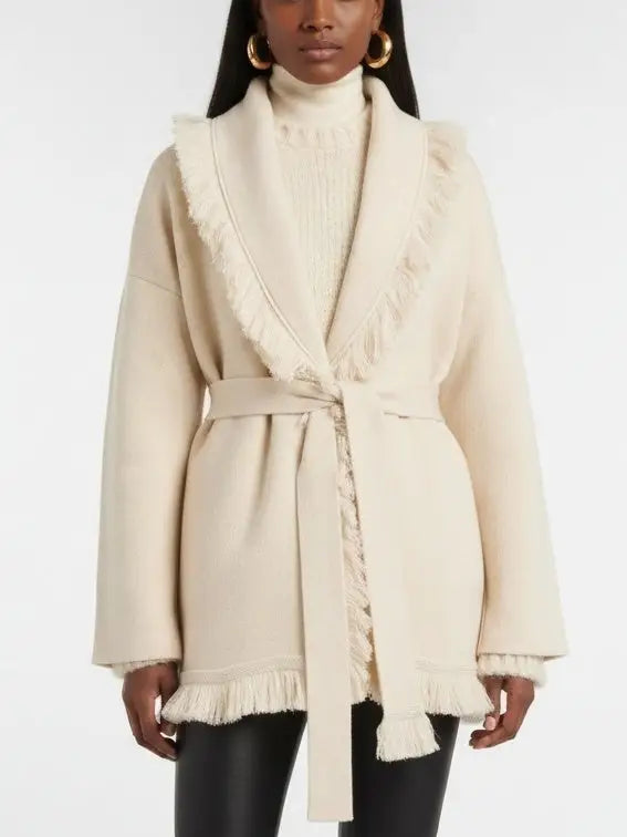 Fringed Wool & Cashmere Belted Cardigan Coat - Small / Ivory - Sweaters & Knitwear