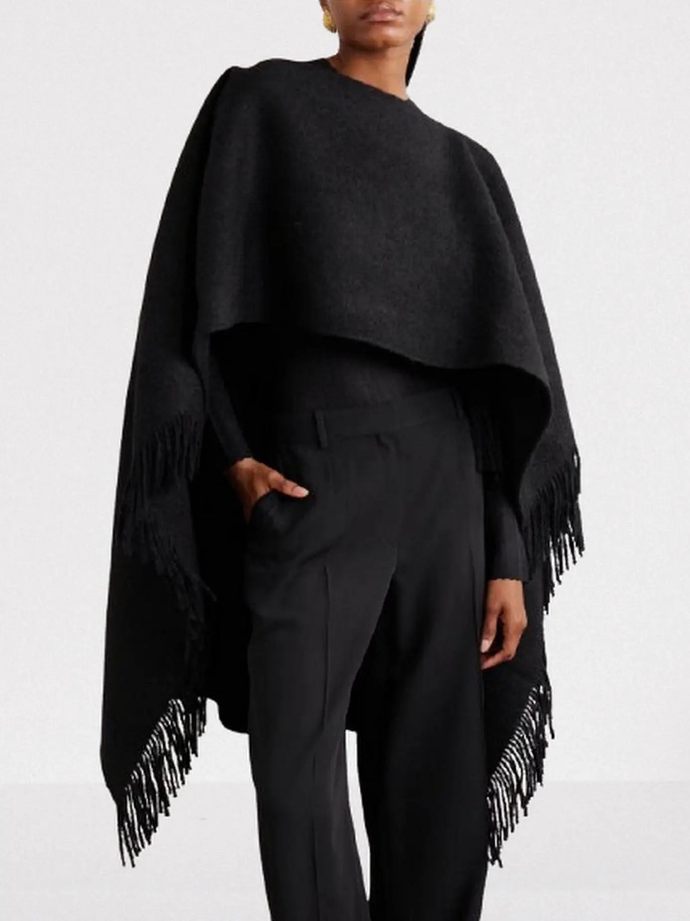 Fringed Wool and Cashmere-Blend Poncho Shawl - One size / Black - Coats