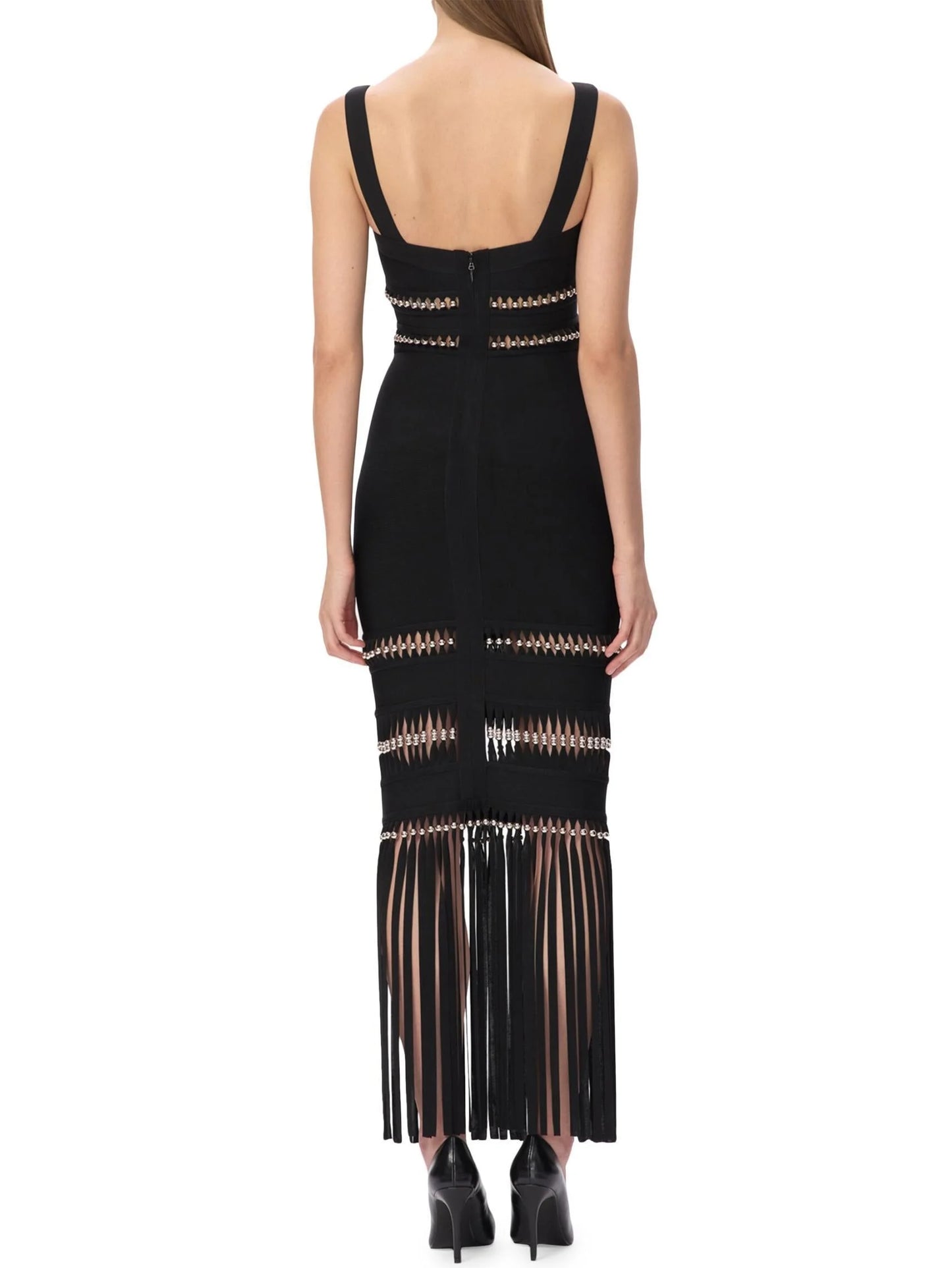 Fringed Bead-Embellished Sleeveless Stretch Maxi Dress - Dresses