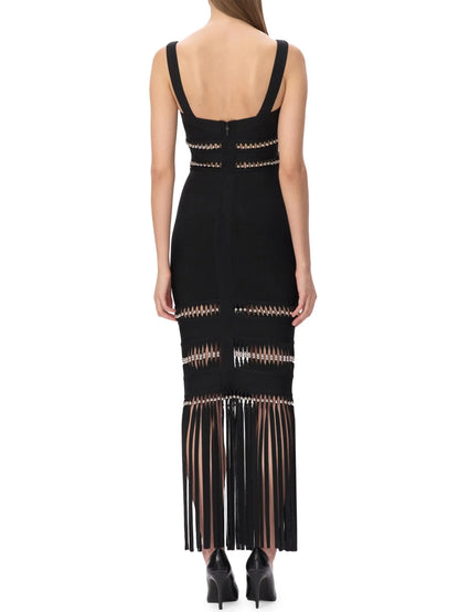 Fringed Bead-Embellished Sleeveless Stretch Maxi Dress - Dresses