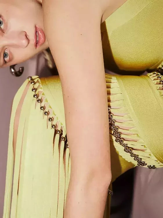 Fringed Bead-Embellished Sleeveless Stretch Maxi Dress - Dresses