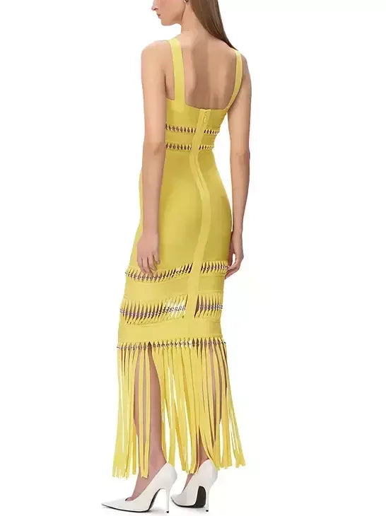 Fringed Bead-Embellished Sleeveless Stretch Maxi Dress - Dresses