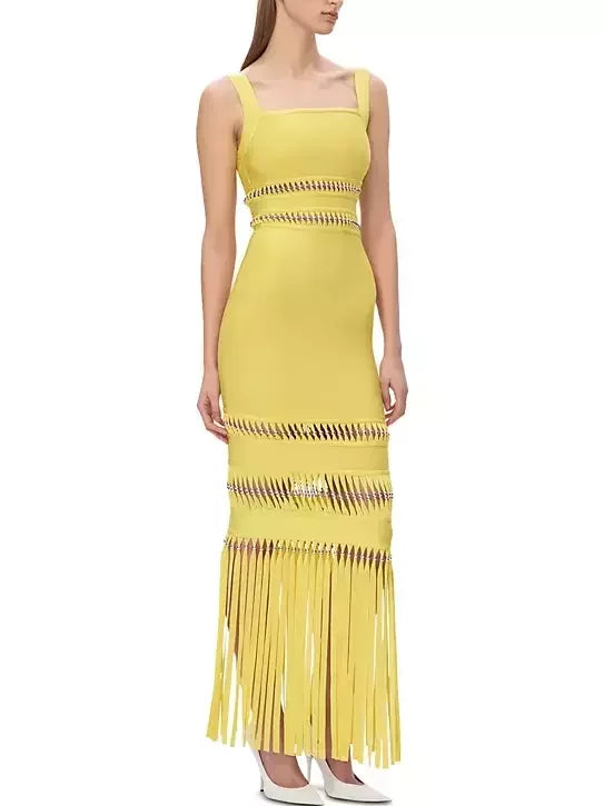 Fringed Bead-Embellished Sleeveless Stretch Maxi Dress - Dresses