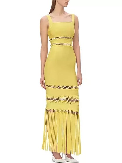 Fringed Bead-Embellished Sleeveless Stretch Maxi Dress - Dresses