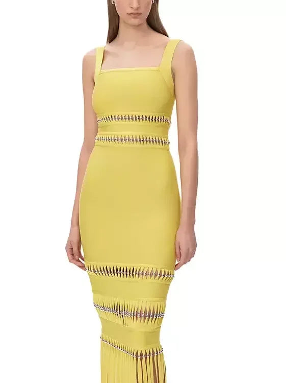Fringed Bead-Embellished Sleeveless Stretch Maxi Dress - Dresses