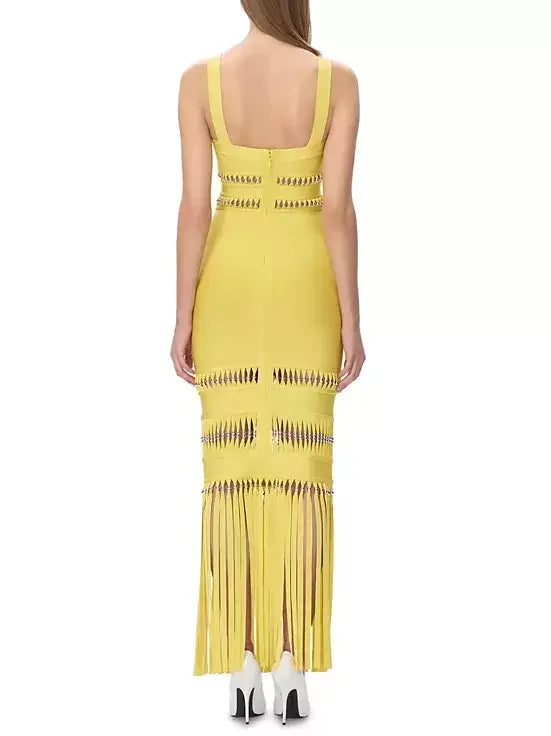 Fringed Bead-Embellished Sleeveless Stretch Maxi Dress - Dresses