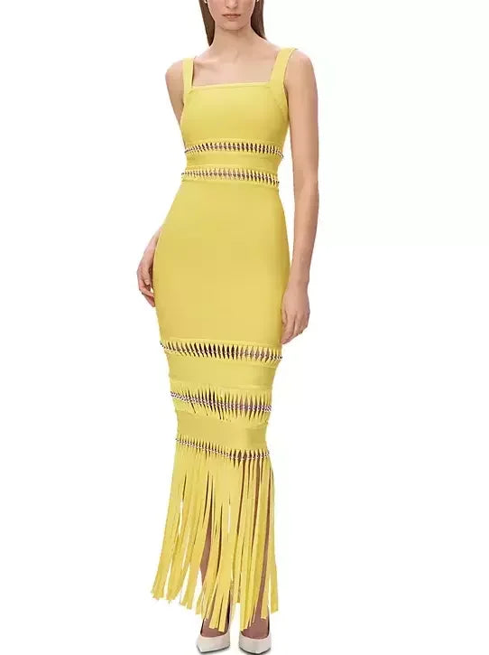 Fringed Bead-Embellished Sleeveless Stretch Maxi Dress - Dresses