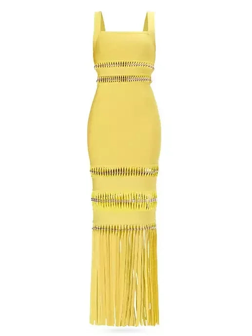 Fringed Bead-Embellished Sleeveless Stretch Maxi Dress - S / Yellow - Dresses
