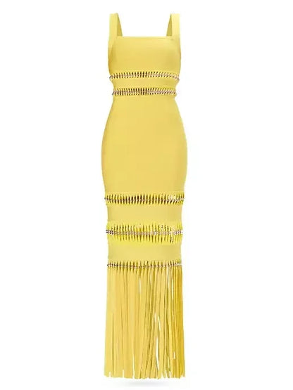 Fringed Bead-Embellished Sleeveless Stretch Maxi Dress - S / Yellow - Dresses