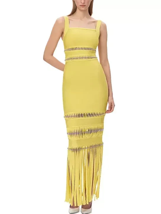 Fringed Bead-Embellished Sleeveless Stretch Maxi Dress - Dresses