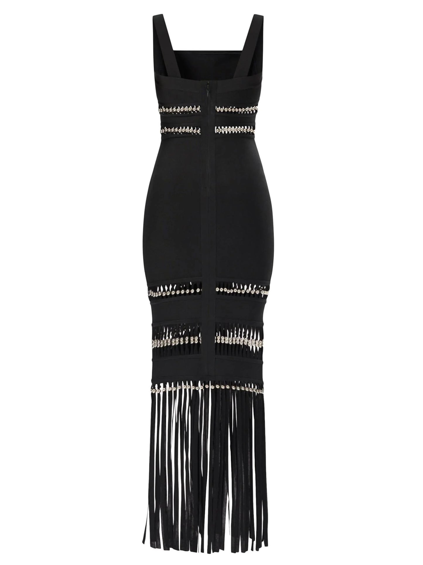 Fringed Bead-Embellished Sleeveless Stretch Maxi Dress - Dresses