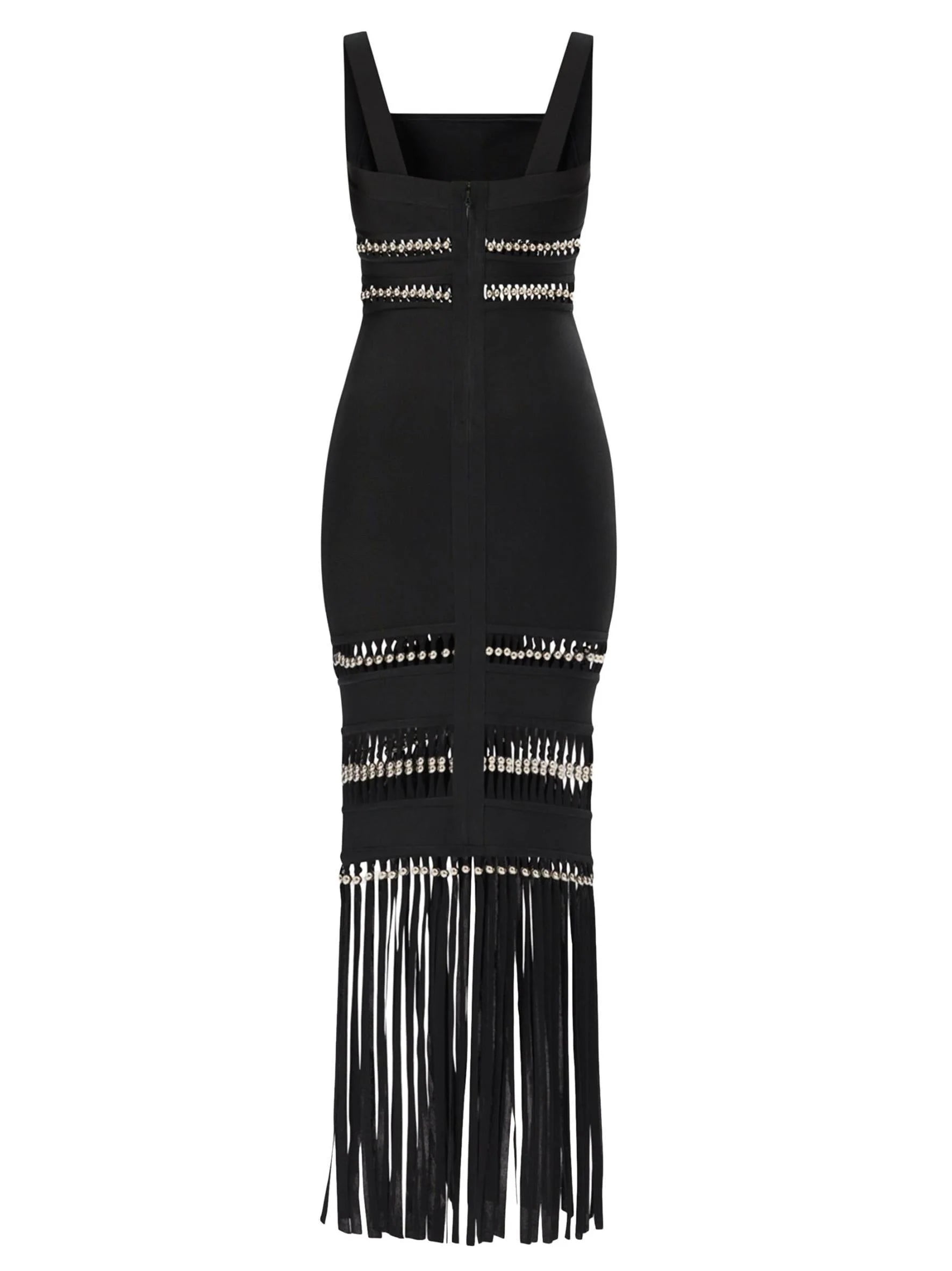 Fringed Bead-Embellished Sleeveless Stretch Maxi Dress - Dresses
