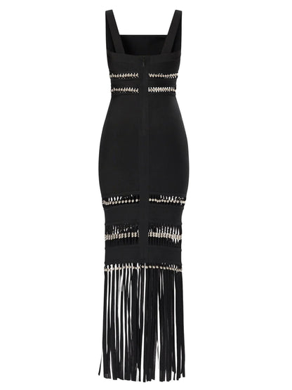 Fringed Bead-Embellished Sleeveless Stretch Maxi Dress - Dresses