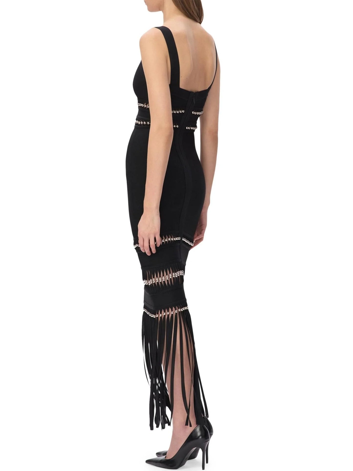 Fringed Bead-Embellished Sleeveless Stretch Maxi Dress - Dresses