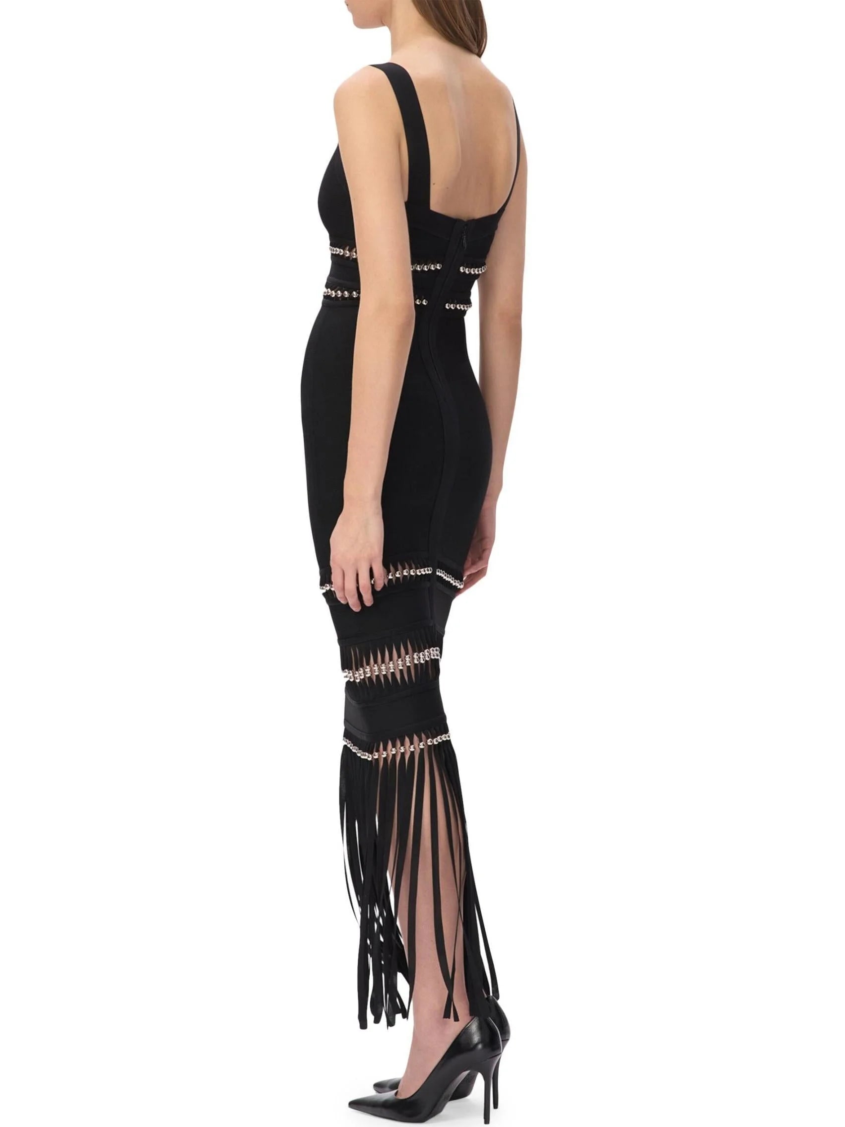 Fringed Bead-Embellished Sleeveless Stretch Maxi Dress - Dresses