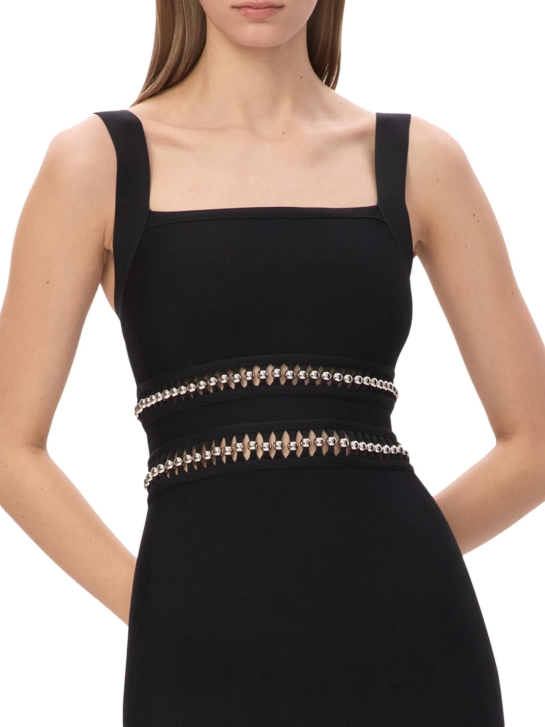Fringed Bead-Embellished Sleeveless Stretch Maxi Dress - Dresses