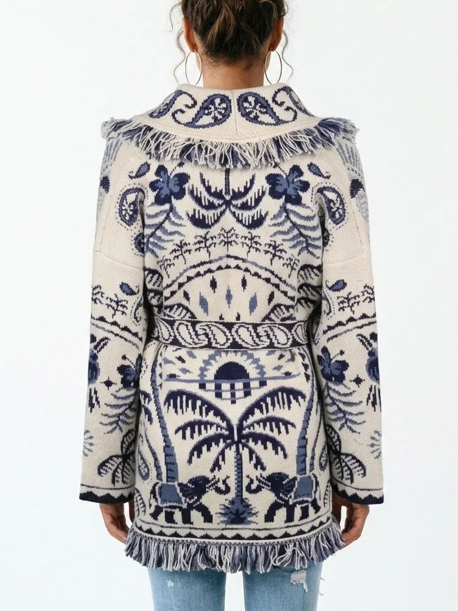 Fringed Belted Paisley and Mixed Print Cardigan - Sweaters & Knitwear