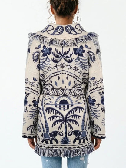 Fringed Belted Paisley and Mixed Print Cardigan - Sweaters & Knitwear