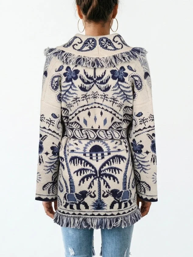 Fringed Belted Paisley and Mixed Print Cardigan - Sweaters & Knitwear