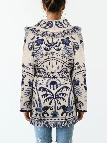 Fringed Belted Paisley and Mixed Print Cardigan - Sweaters & Knitwear