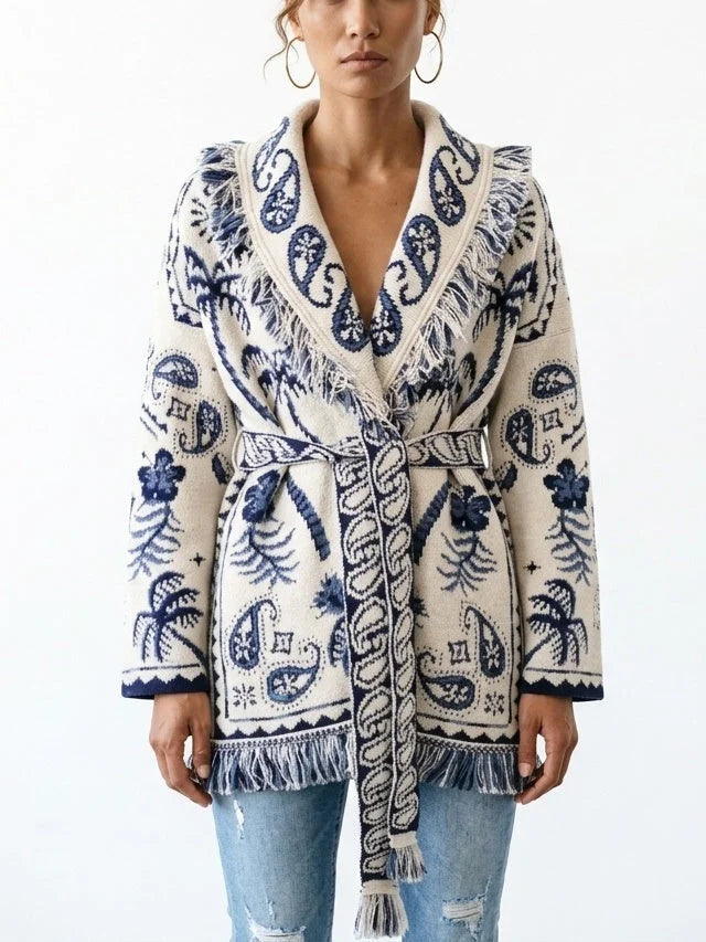 Fringed Belted Paisley and Mixed Print Cardigan - Sweaters & Knitwear